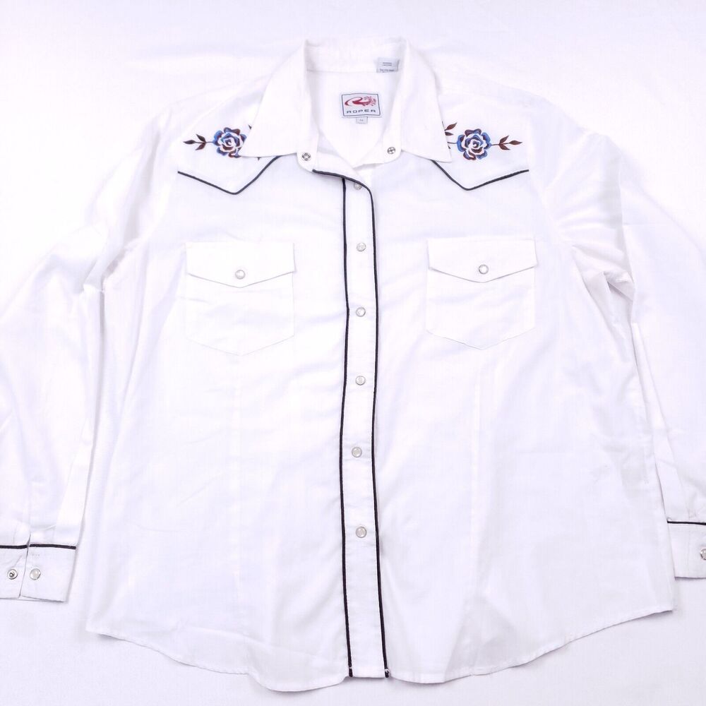 Roper Western Pearl Snap Shirt Mens XL White Embroidered Rose Cowboy Rockabilly